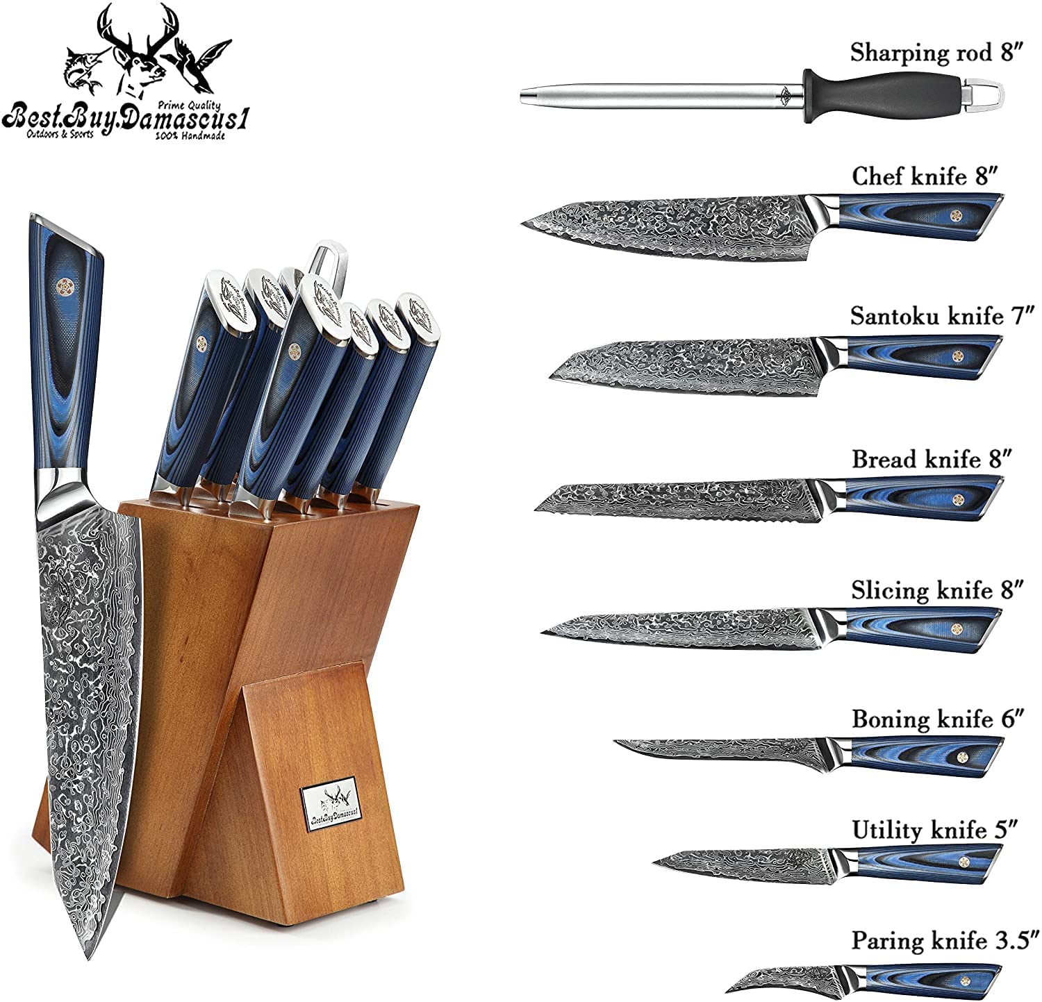 9 Pcs Japanese Aus-10 Damascus Steel Chef / Sushi Knives